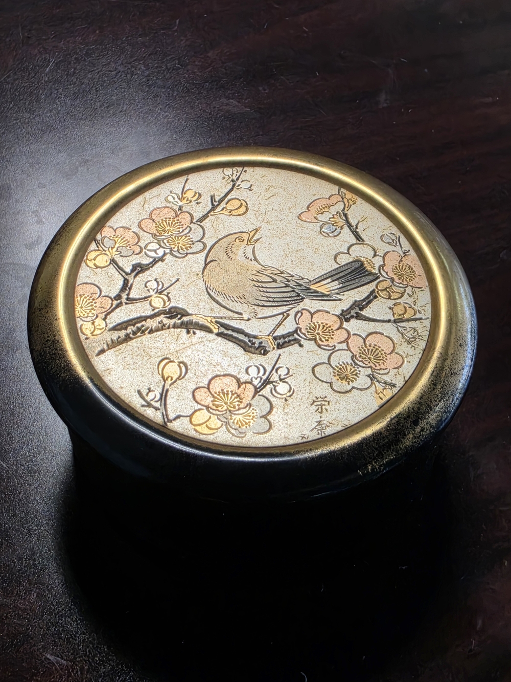 Round Decorative Japanese-Style Trinket Box with Bird & Blossom Motif